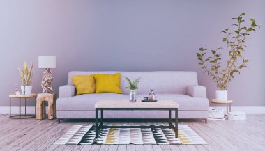 Kanepe, masa ve deniz dekorasyonlu İskandinav oturma odasının 3 boyutlu görüntüsü - retro görünümü