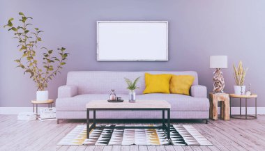 Kanepe, masa ve deniz dekorasyonlu İskandinav oturma odasının 3 boyutlu görüntüsü - retro görünümü