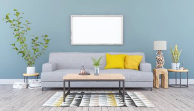 3 boyutlu İskandinav oturma odası, kanepe, masa ve deniz dekorasyonu.