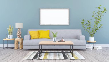 3 boyutlu İskandinav oturma odası, kanepe, masa ve deniz dekorasyonu.