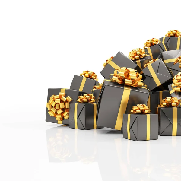 Podání Černé Vánoční Dárkové Krabice Zlatými Stuhami Bílém Pozadí — Stock fotografie
