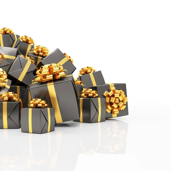 Render Black Christmas Gift Boxes Golden Ribbons White Background — Stock Photo, Image