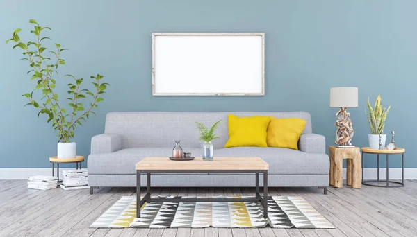 3 boyutlu İskandinav oturma odası, kanepe, masa ve deniz dekorasyonu.