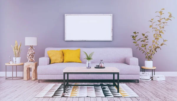 Kanepe, masa ve deniz dekorasyonlu İskandinav oturma odasının 3 boyutlu görüntüsü - retro görünümü