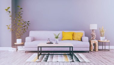 Kanepe, masa ve deniz dekorasyonlu İskandinav oturma odasının 3 boyutlu görüntüsü - retro görünümü