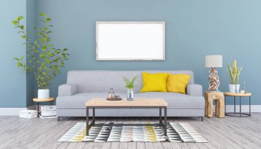 3 boyutlu İskandinav oturma odası, kanepe, masa ve deniz dekorasyonu.