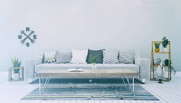 ソファ テーブル 海の装飾が施された北欧のリビングルームの3Dレンダリング レトロな外観 — ストック写真