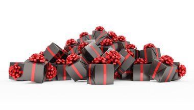 3D render - Beyaz arkaplanda kırmızı kurdeleli siyah noel hediye kutuları