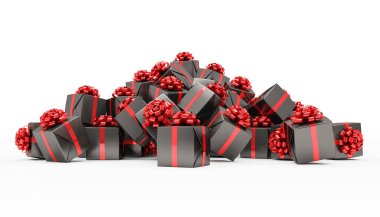 3D render - Beyaz arkaplanda kırmızı kurdeleli siyah noel hediye kutuları