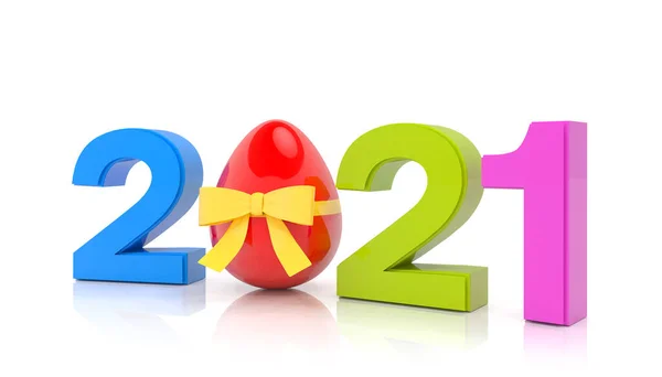 Render Year 2021 Colorful Number Zero Easter Egg Yellow Ribbon — Stock Photo, Image