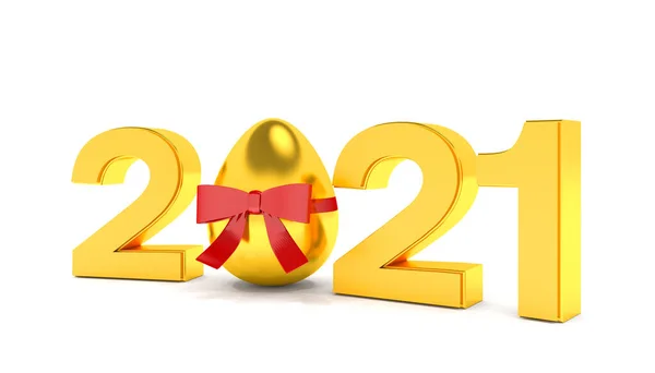 Render Year 2021 Gold Number Zero Easter Egg Red Ribbon — Stock Photo, Image