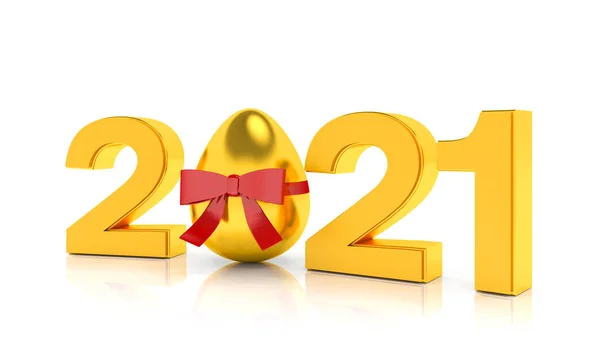 Render Year 2021 Gold Number Zero Easter Egg Red Ribbon — Stock Photo, Image