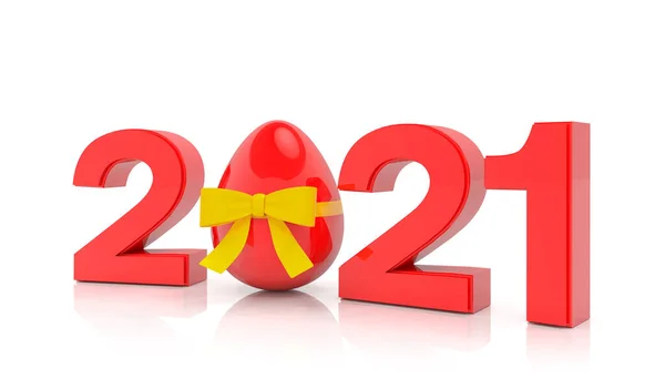 Рендеринг 2021 Года Красным Цветом Числом Ноль Пасхальное Яйцо Желтой — стоковое фото