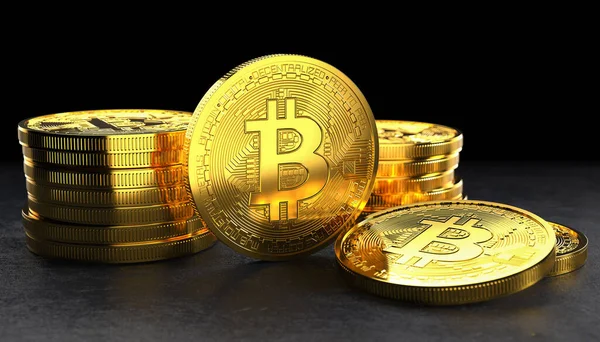 Yansıtıcı karanlık zemin ve siyah arkaplan üzerinde bazı fiziksel altın bitcoinlerin 3 boyutlu canlandırması - kripto para kavramı