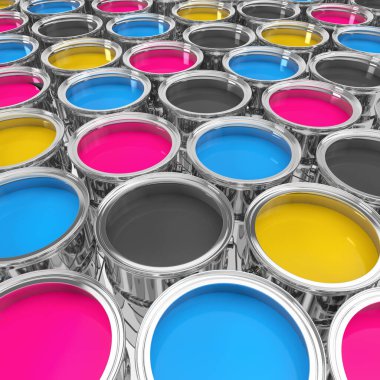 Beyaz zemin üzerinde cmyk parlak renkte birçok boya kovası 3D görüntüleme