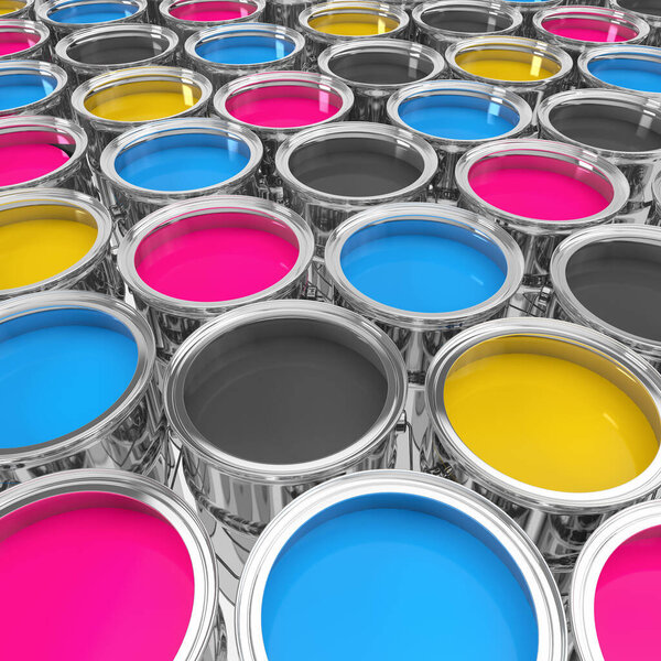 3d render of many paint buckets with bright colors  in cmyk on white ground