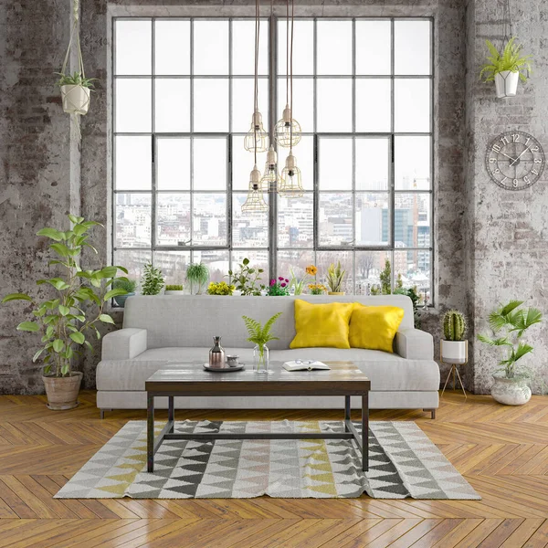 3d rendering of industrial loft with big window - bright living room with big grey couch