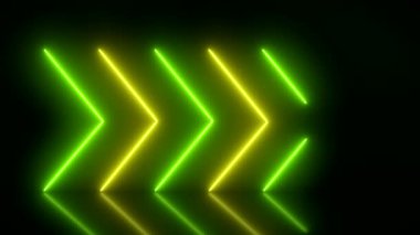 Yansıyan zeminde yeşil ve sarı renkli parlayan neon okların video animasyonu. - Soyut arkaplan - Kusursuz döngü