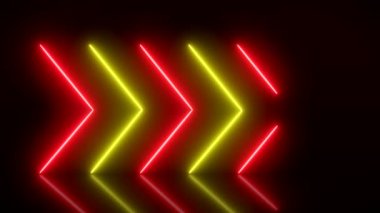 Yansıyan zeminde kırmızı ve sarı renkli parlayan neon okların video animasyonu. - Soyut arkaplan - Kusursuz döngü