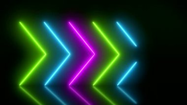 Yansıyan zeminde yeşil, mavi ve mor renkli parlayan neon okların video animasyonu. - Soyut arkaplan - Kusursuz döngü