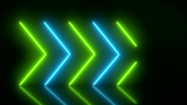 Video Animatie Van Gloeiende Neon Pijlen Groen Blauw Reflecterende Vloer — Stockvideo