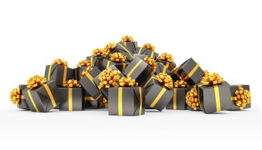 3D render - Beyaz arka planda altın kurdeleli siyah noel hediye kutuları