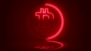 Siyah yansıtıcı arka planda kırmızı LED 'li bitcoin logosunun video animasyonu - dijital para birimi - kripto para birimi