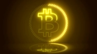 Bitcoin logosunun koyu yansıtıcı arka planda sarı LED 'li video animasyonu - dijital para birimi - kripto para birimi