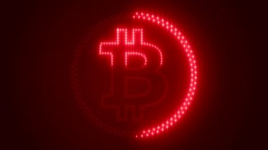 Koyu arka planda kırmızı LED 'li bitcoin logosunun video animasyonu - dijital para birimi - kripto para birimi