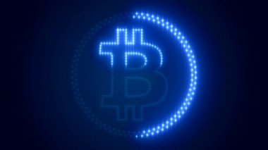 Koyu arka planda mavi LED 'li bitcoin logosunun video animasyonu - dijital para birimi - kripto para birimi