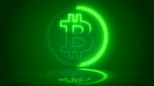 Video Animatie Van Bitcoin Logo Met Groene Leds Donkere Reflecterende — Stockvideo