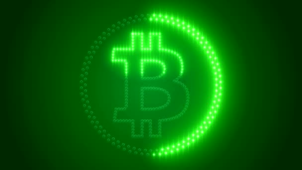 Видеоанимация Логотипа Биткойна Зелеными Светодиодами Темном Фоне Цифровая Валюта Криптовалюта — стоковое видео