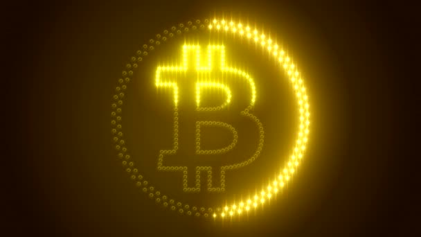 Videoanimation Des Bitcoin Logos Mit Gelben Leds Auf Dunklem Hintergrund — Stockvideo