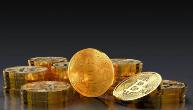 Yansıtıcı karanlık zemin ve karanlık zemin üzerinde bazı fiziksel altın bitcoinlerin 3 boyutlu canlandırması - kripto para birimi kavramı - btc