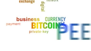 Beyaz arkaplan üzerinde renkli metin bulunan bir anahtar kelime bulutunun video animasyonu - Bitcoin - dijital şifreleme para birimi