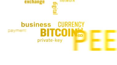 Beyaz zemin üzerinde turuncu metin bulunan bir anahtar kelime bulutunun video animasyonu - Bitcoin - dijital kripto para birimi