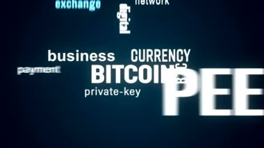 Bitcoin anahtar kelime bulutunun karanlık arkaplanda beyaz ve mavi metin ile video animasyonu - Bitcoin - dijital kripto para