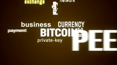 Bitcoin anahtar kelime bulutunun karanlık arka planda beyaz ve turuncu metin ile video animasyonu - Bitcoin - dijital kripto para