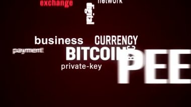 Bitcoin anahtar kelime bulutunun koyu arkaplan üzerinde beyaz ve kırmızı metin - Bitcoin - dijital kripto para birimi