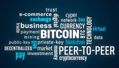 Koyu arkaplan üzerinde beyaz ve mavi metin olan bitcoin ile ilgili terimleri içeren bir anahtar sözcük bulutu tasviri - bitcoin - dijital kripto para birimi - btc