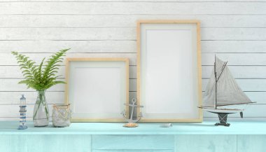 İki boş maket ve deniz dekorasyonlu büfenin 3D canlandırması