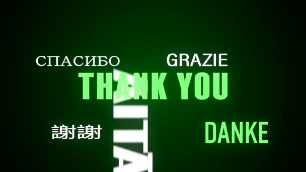 视频动画感谢你的关键词云在不同的语言 与白色和绿色的文字在黑暗的背景 — 图库视频影像