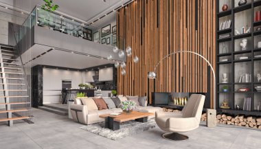 3d rendering of a modern loft - bright living room with a big couch, fireplace, kitchen and a gallery