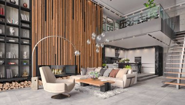 3d rendering of a modern loft - bright living room with a big couch, fireplace, kitchen and a gallery