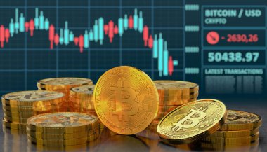 illustation of many golden bitcoins on a background with a trading chart. physical bitcoin - digital currency - cryptocurrency - btc