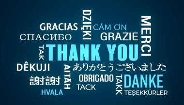 illustation of thank you keyword cloud in different languages with white and blue text on dark background