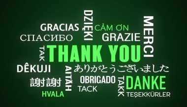 illustation of thank you keyword cloud in different languages with white and green text on dark background