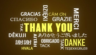 illustation of thank you keyword cloud in different languages with white and orange text on dark background
