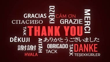 illustation of thank you keyword cloud in different languages with white and red text on dark background