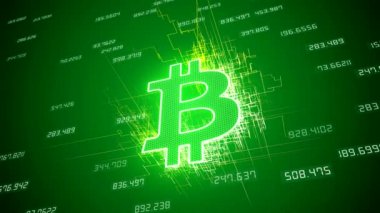 Yeşil zemin üzerindeki bitcoin logosunun video animasyonu - dijital para birimi - kripto para birimi - btc